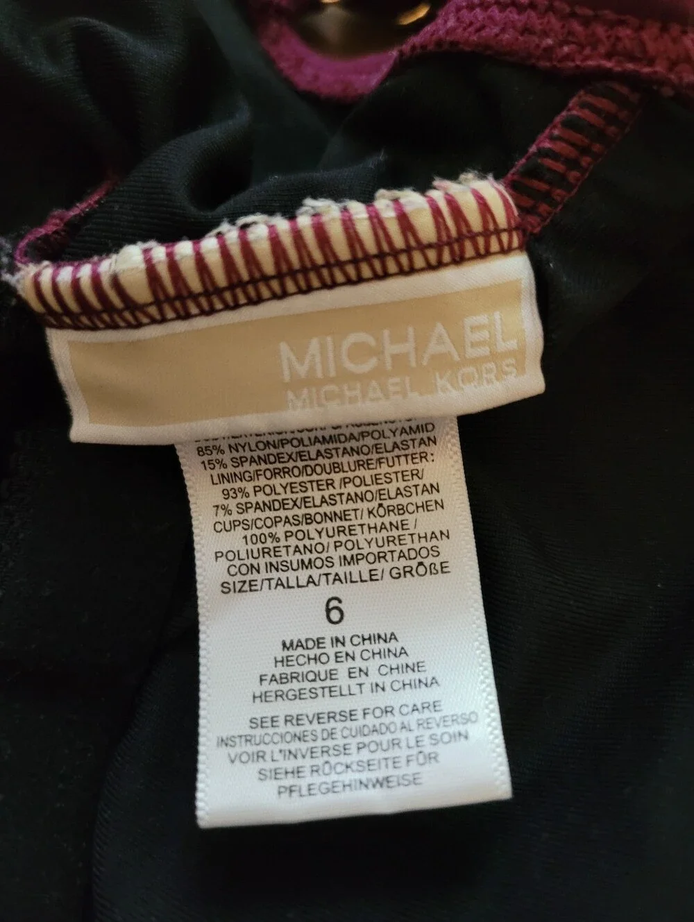 Michael Kors Burgandy One-Piece Swimsuit with MK Accent Gold Circle MK Size 6
